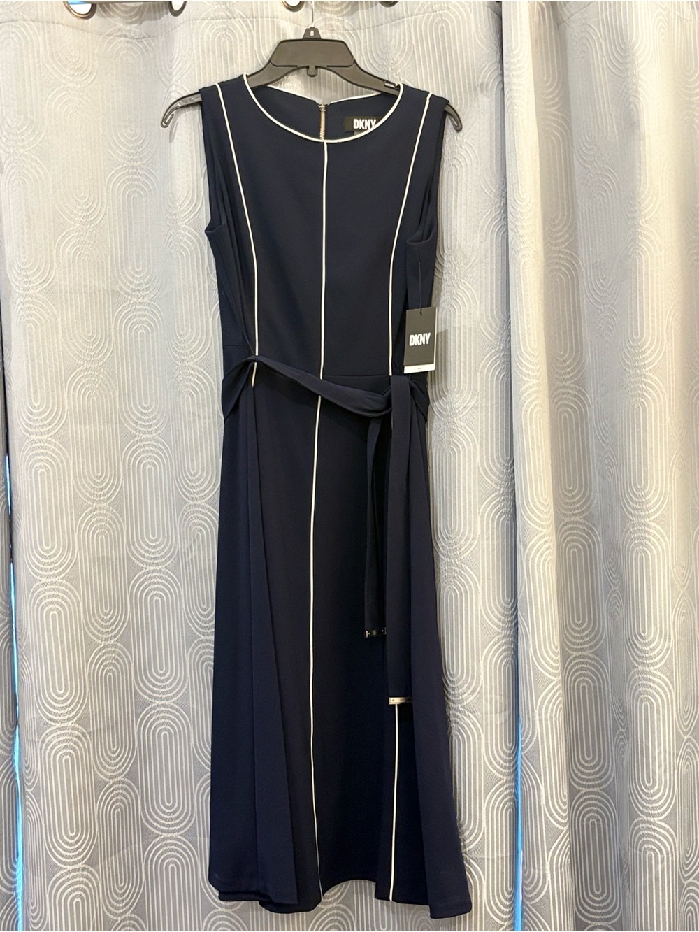 DKNY Navy Dress with White Piping and Self-Tie Waist